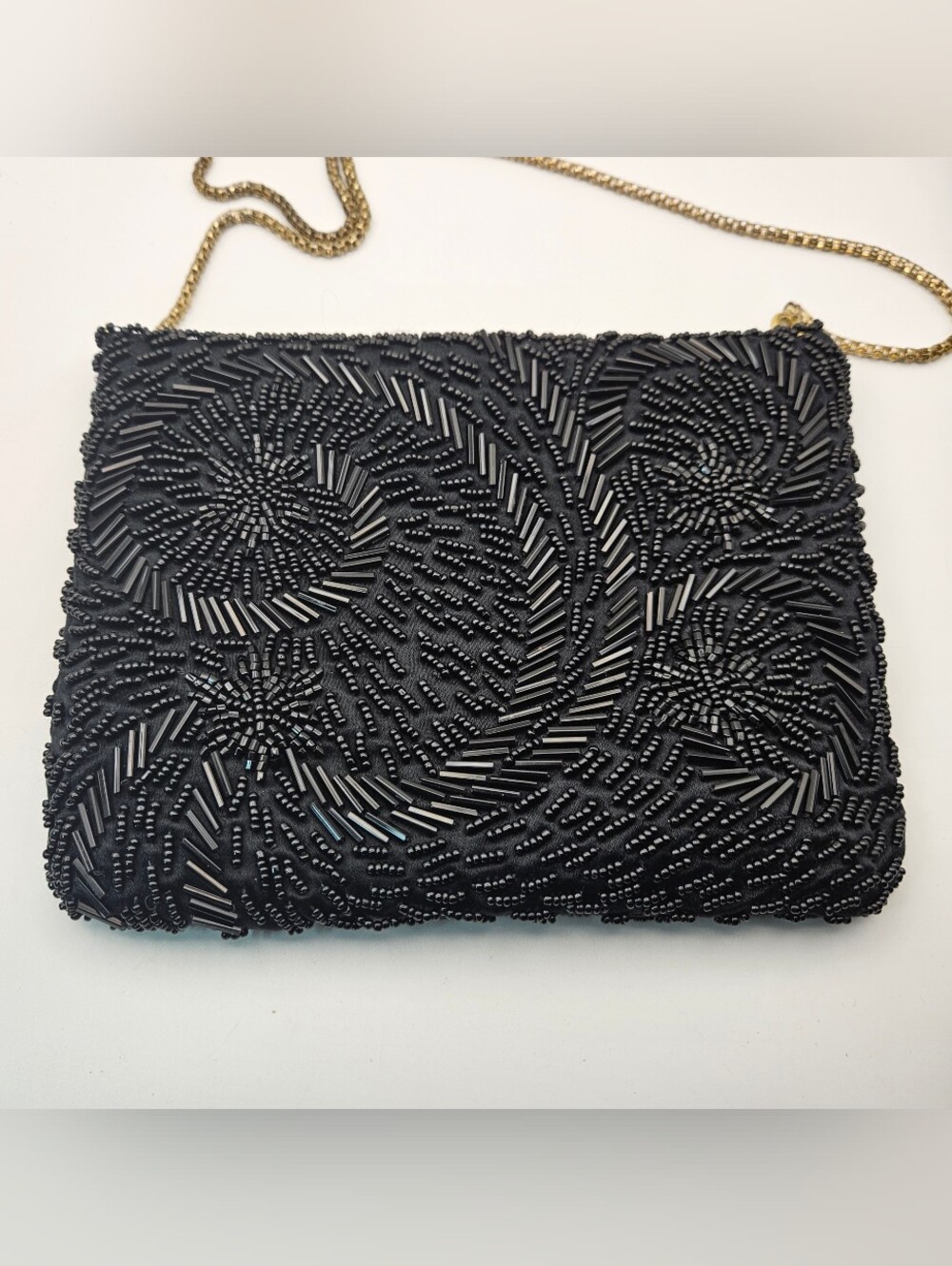 Vintage Black Beaded Evening Bag Purse Formal Gold Chain Bugle Beads